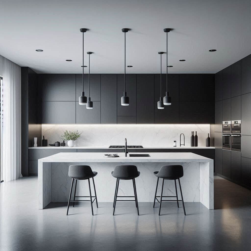 Striking minimalist kitchen by Hothi & Co. with flat-panel matte black cabinets, white quartz countertops, and a continuous white marble slab backsplash with subtle veining.