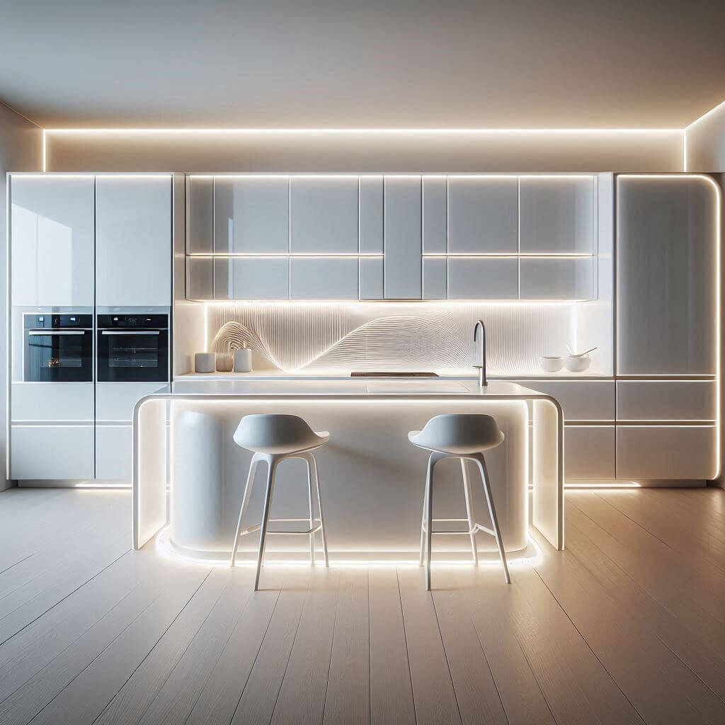 Futuristic minimalist kitchen by Hothi & Co. with white high-gloss cabinetry, integrated LED strip lighting, and a seamless countertop-to-backsplash transition.
