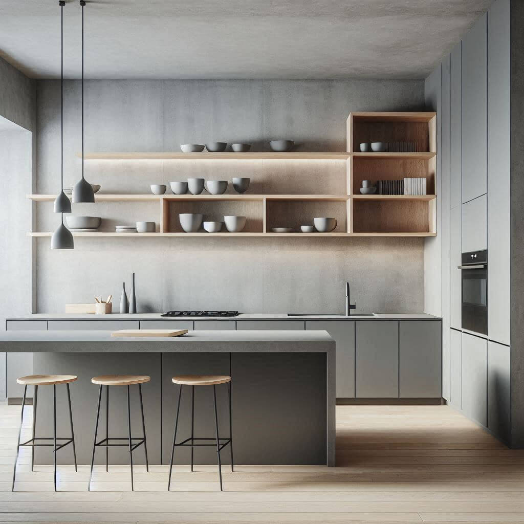 Sleek minimalist kitchen by Hothi & Co. with smooth grey concrete lower cabinets, natural wood open shelving, concrete countertops, and a matte minimalist backsplash.