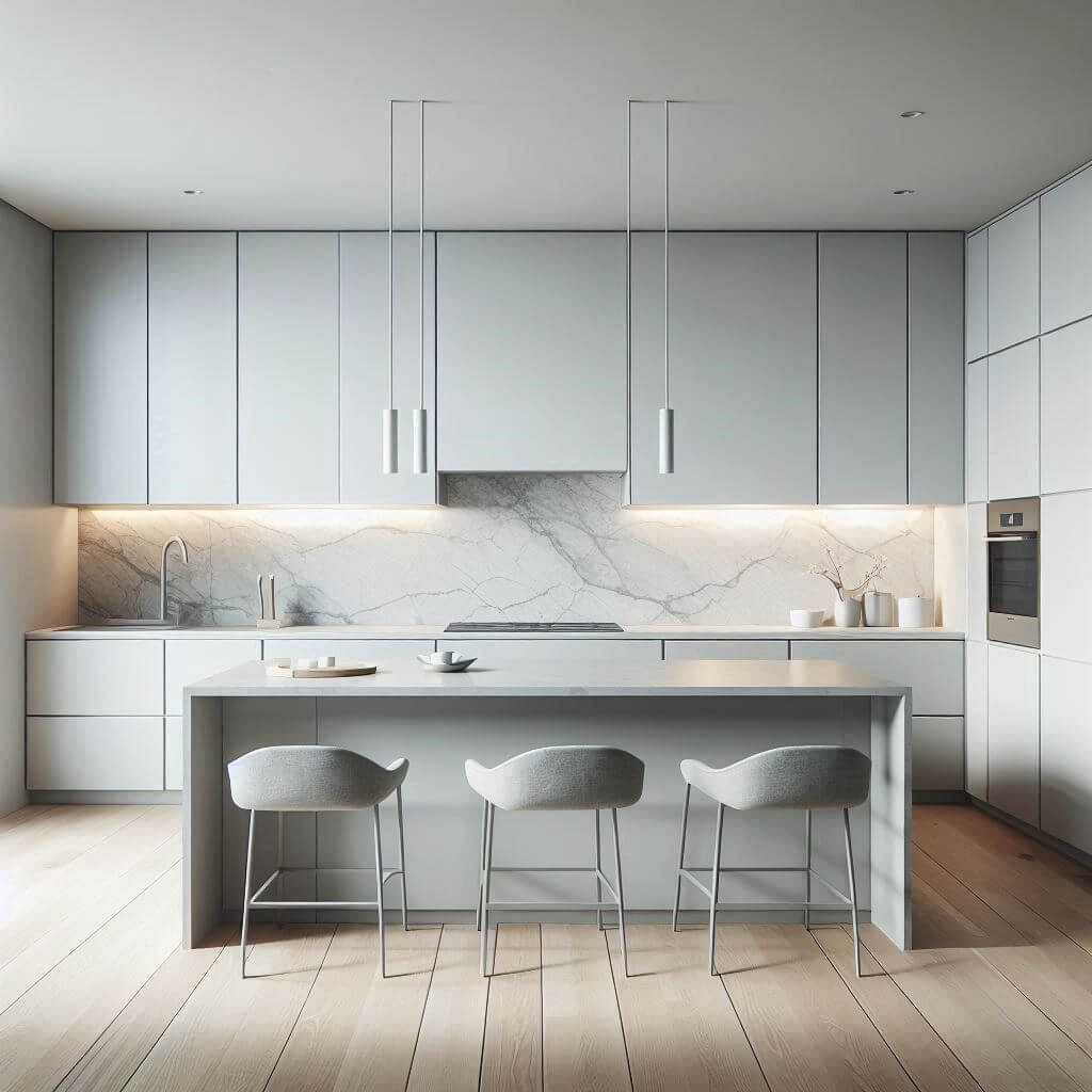 Serene minimalist kitchen by Hothi & Co. with flat-panel white cabinets, soft grey quartz countertops, grey marble slab backsplash with subtle veining, and a streamlined island.