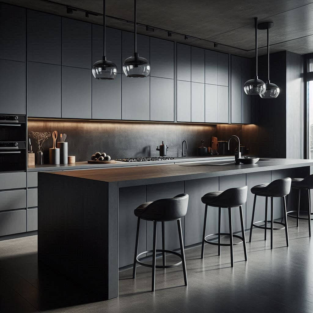 Minimalist kitchen by Hothi & Co. with matte charcoal cabinets, dark grey countertops, smoked glass backsplash, and a dark wood island with rounded edges.