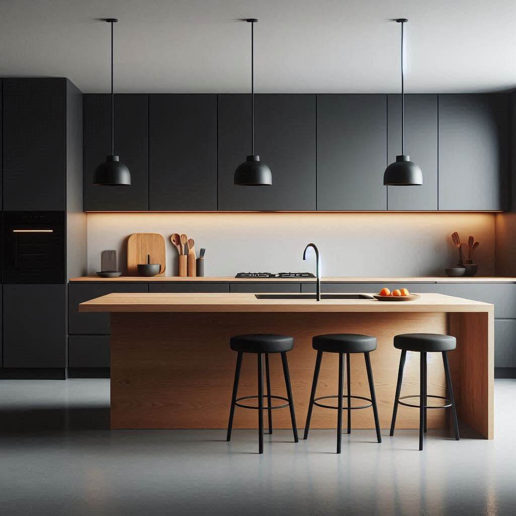 Minimalist kitchen by Hothi & Co. with matte black cabinets, sleek wooden countertops, seamless white backsplash, and a wooden waterfall-edge island.
