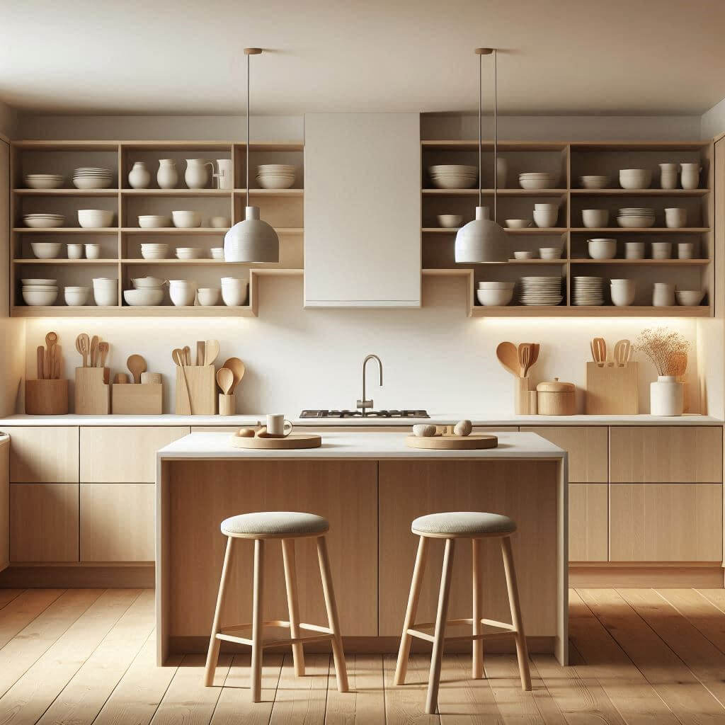 Minimalist kitchen by Hothi & Co. with warm wood lower cabinets, open shelving with simple crockery, light beige countertops, and a smooth white panel backsplash.