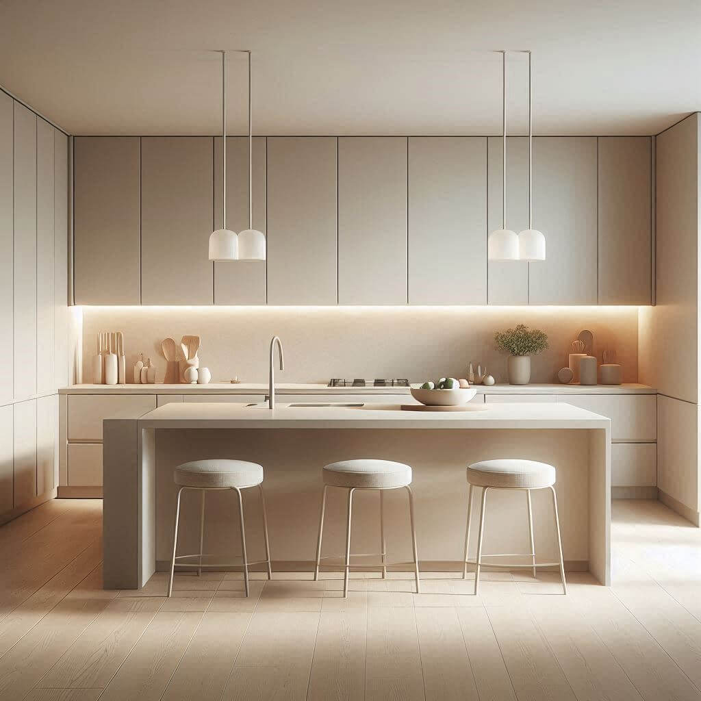 Minimalist kitchen by Hothi & Co. in soft beige tones with smooth cabinetry, hidden handles, light beige quartz countertops, and a textured light wood panel backsplash.