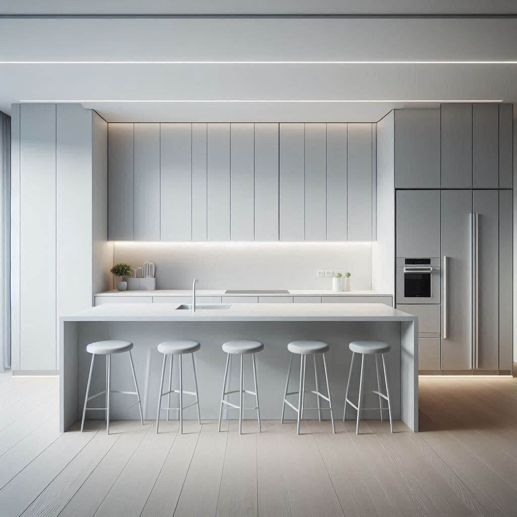 Minimalist kitchen by Hothi & Co. with handleless matte white cabinets, white quartz countertops, frosted glass backsplash, and a smooth, integrated island.