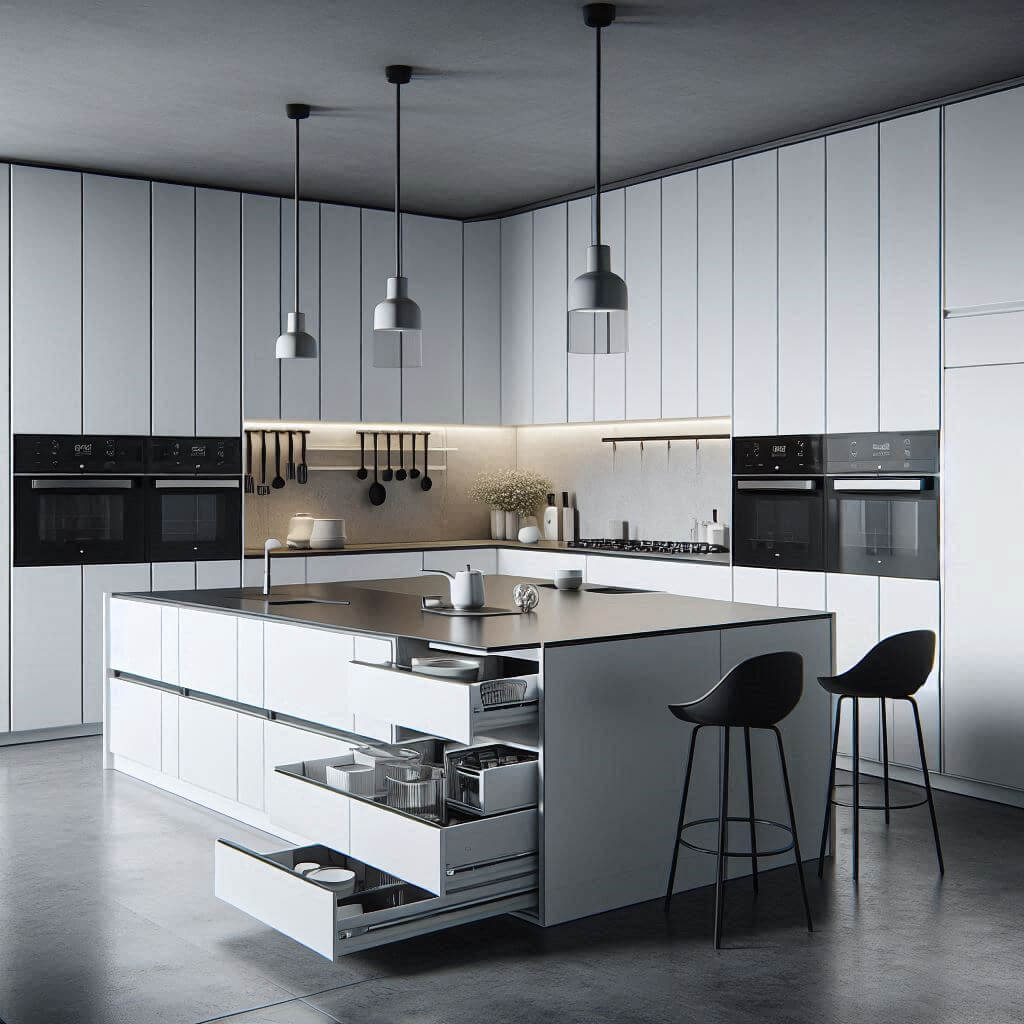 Functional minimalist kitchen by Hothi & Co. with handleless white cabinets, built-in pull-out storage, sleek black quartz countertops, and a smart storage island.