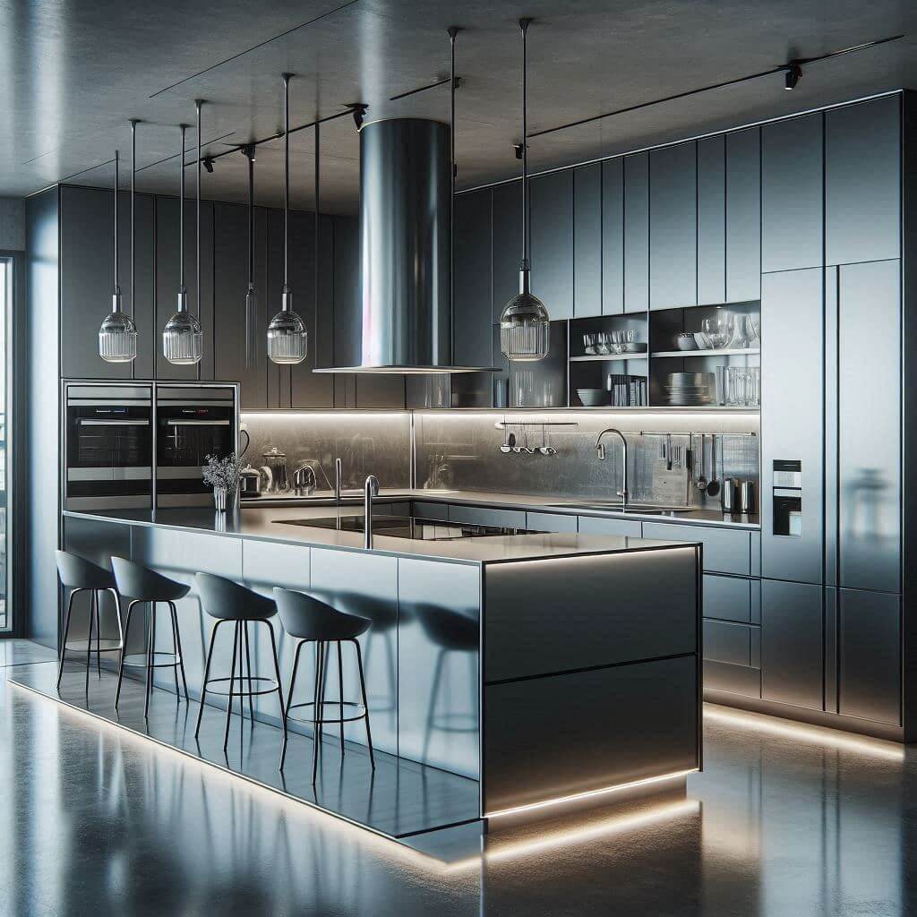 Futuristic modern kitchen by Hothi & Co. with glossy grey cabinets, integrated appliances, smoked glass backsplash, and a floating island with stainless-steel top.