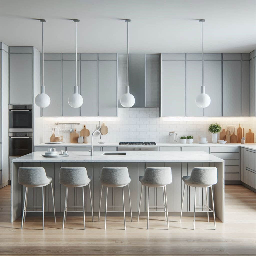 Spacious modern kitchen by Hothi & Co. with light grey flat-panel cabinets, white quartz countertops, white subway tile backsplash, and a marble-topped island with built-in sink.