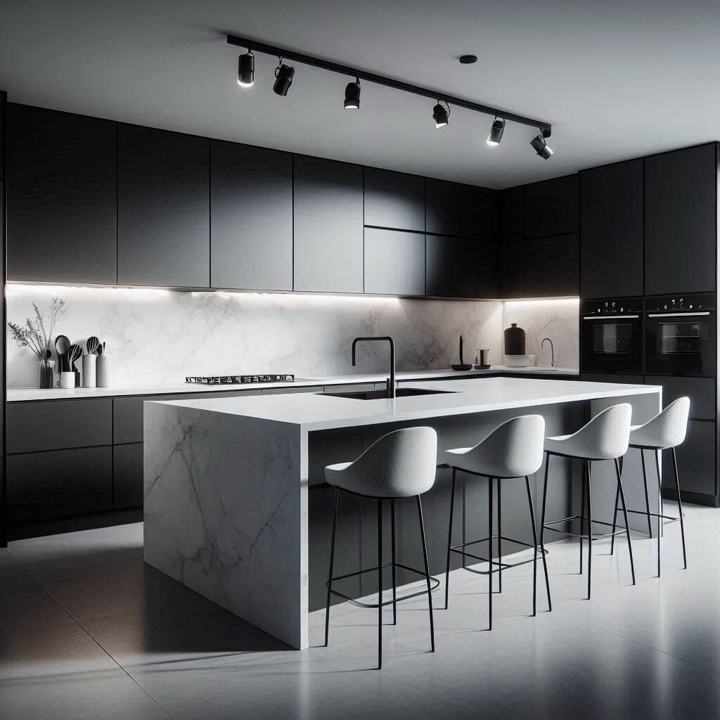 Monochrome modern kitchen by Hothi & Co. with matte black cabinets, white marble countertops, and a seamless marble backsplash extension.