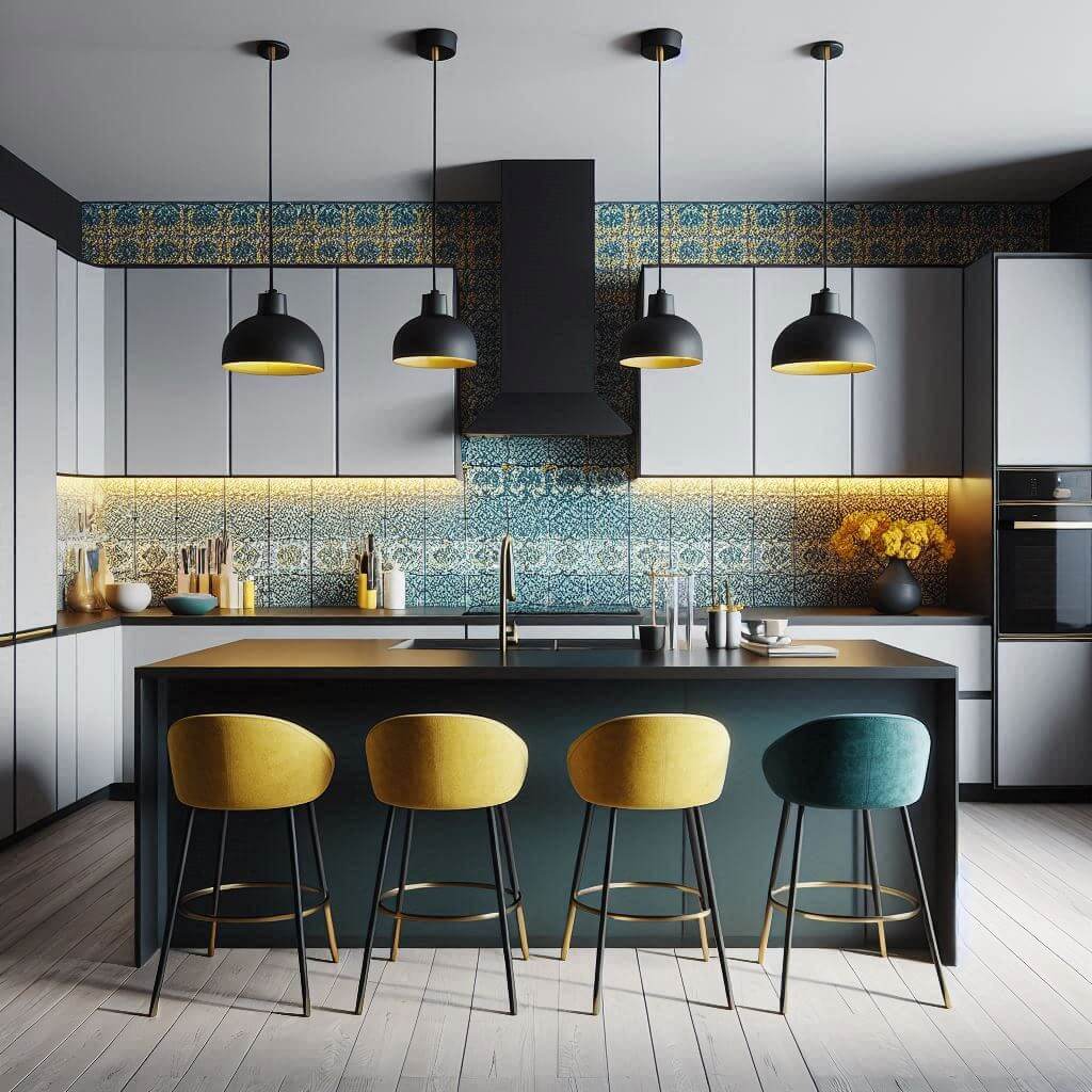 Modern kitchen by Hothi & Co. with matte white cabinets, dark grey countertops, vibrant turquoise tile backsplash, and a sleek black island with yellow barstools.