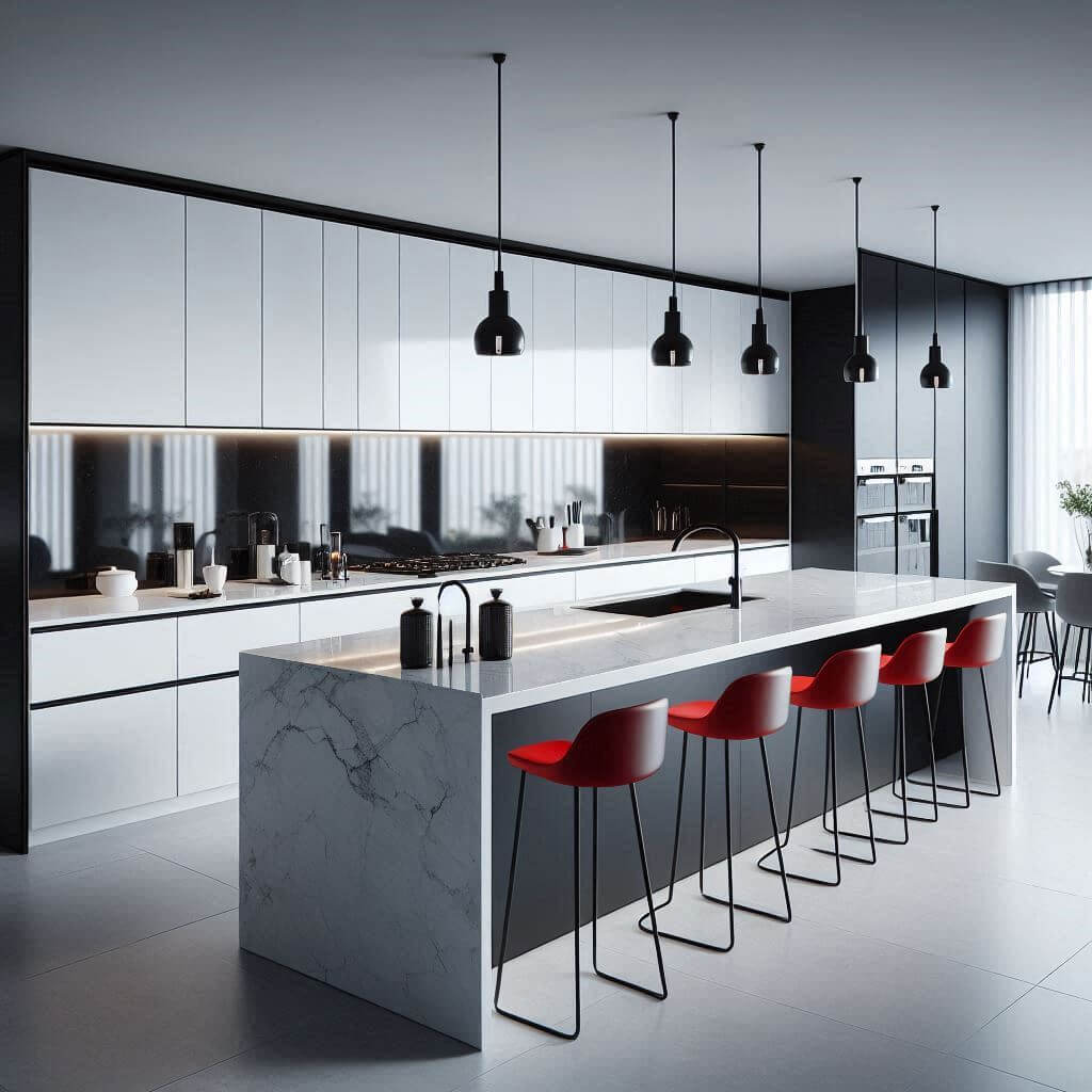 Sleek modern kitchen by Hothi & Co. with glossy white cabinets, concealed handles, black quartz countertops, reflective glass backsplash, and a large statement island.