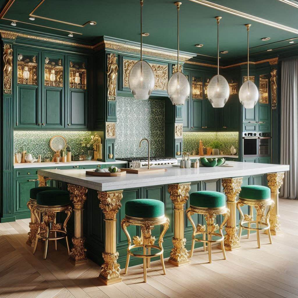 Bold neo-classical kitchen by Hothi & Co. with emerald green cabinets, gold hardware, white quartz countertops, green and gold mosaic tile backsplash, and an ornate island.