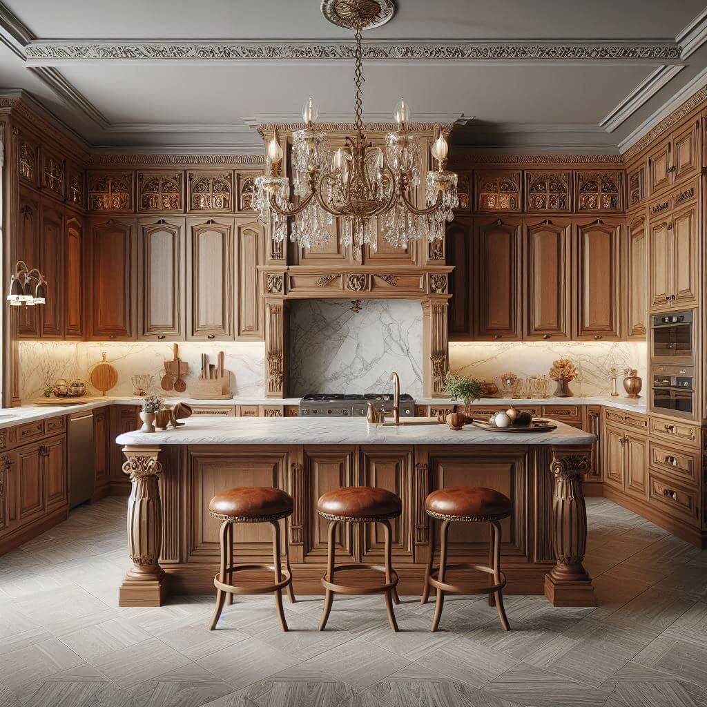 Warm neo-classical kitchen by Hothi & Co. with medium-tone carved wooden cabinets, brass handles, white marble countertops with grey veining, and a matching marble backsplash.
