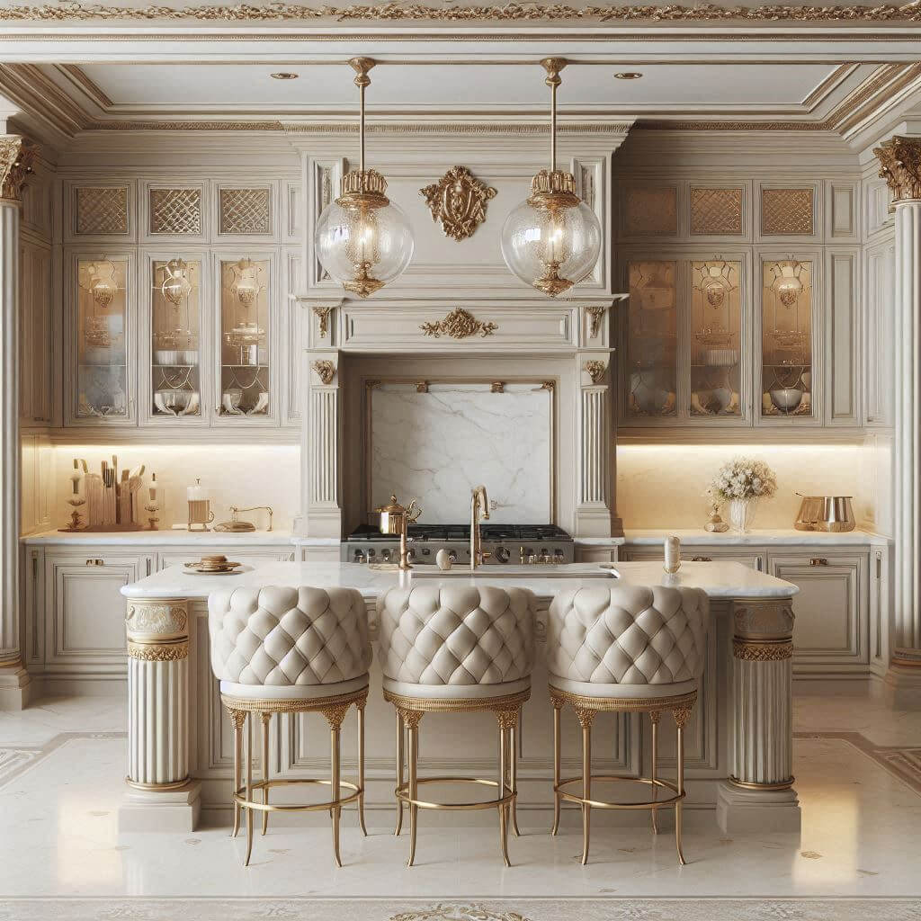Luxurious neo-classical kitchen by Hothi & Co. with soft beige cabinets, brass hardware, crown molding, white quartz countertops with gold flecks, and a mirrored backsplash.