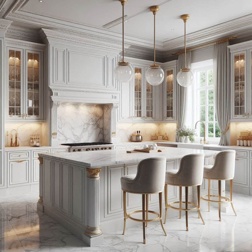 Neo-classical kitchen by Hothi & Co. with raised-panel white cabinets, gold handles, white marble countertops with subtle grey veining, and a seamless marble slab backsplash.