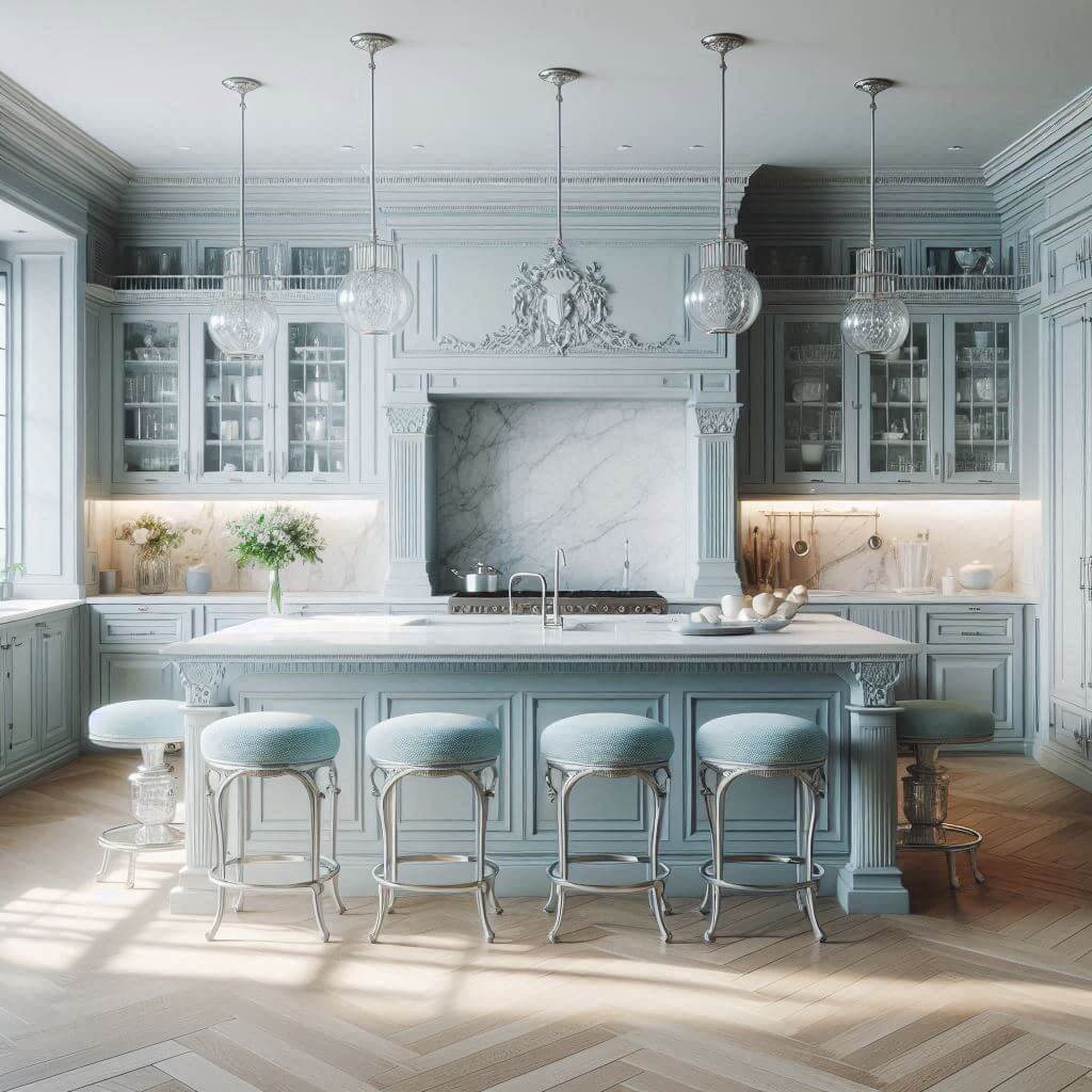 Serene neo-classical kitchen by Hothi & Co. with light blue cabinets, silver hardware, white marble countertops and backsplash with soft grey veining, and a decorative island with corbels.