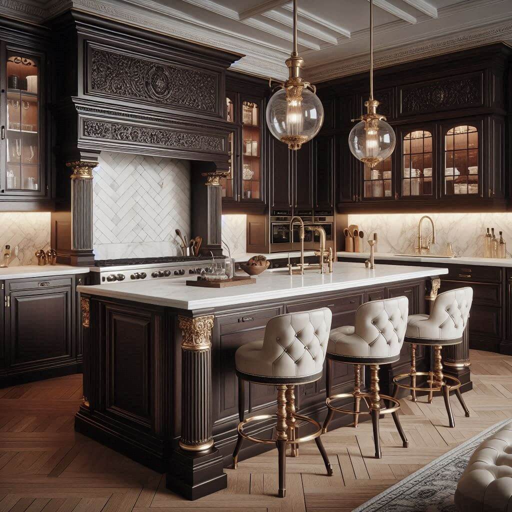 Sophisticated neo-classical kitchen by Hothi & Co. with dark mahogany cabinets, brass hardware, white quartz countertops with decorative edges, and intricate herringbone marble tile backsplash.