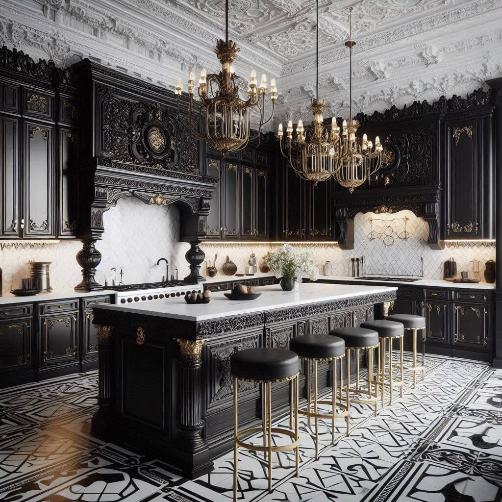 Striking neo-classical kitchen by Hothi & Co. with black lacquered cabinets, brass handles, white marble countertops, and black-and-white geometric tile backsplash.