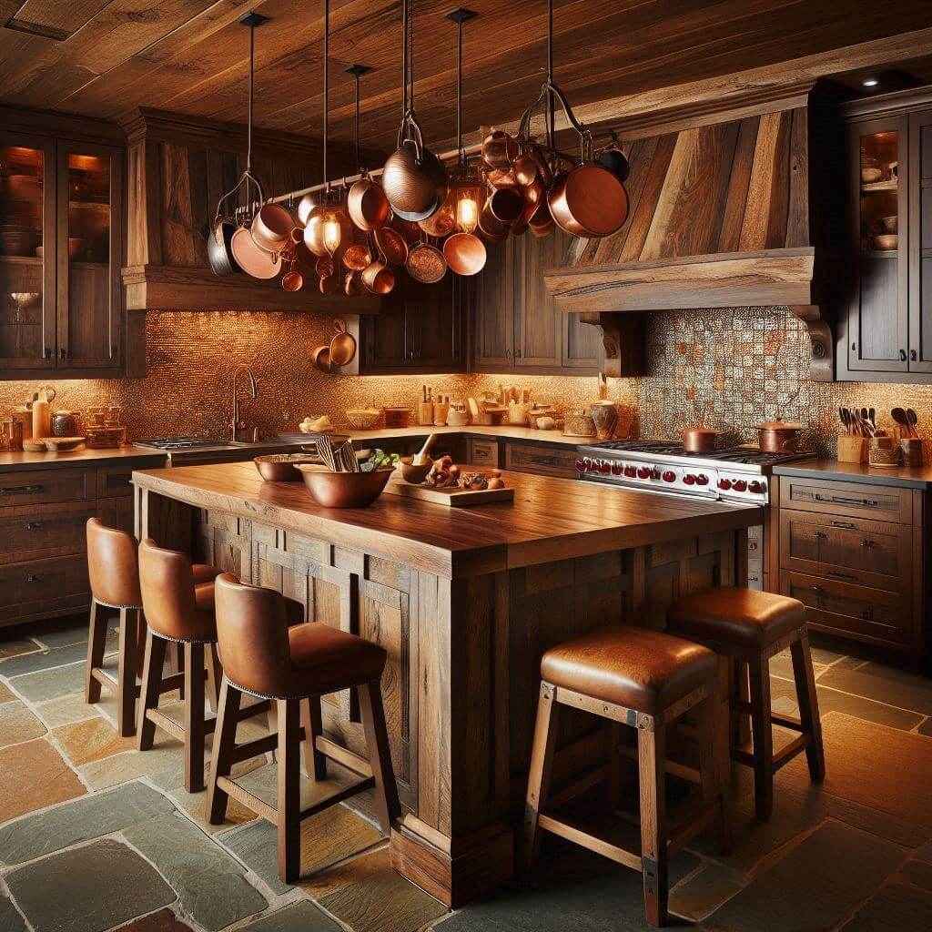 Warm rustic kitchen by Hothi & Co. with dark walnut cabinets, solid wood countertops, earthy stone mosaic tile backsplash, and hanging copper pots.