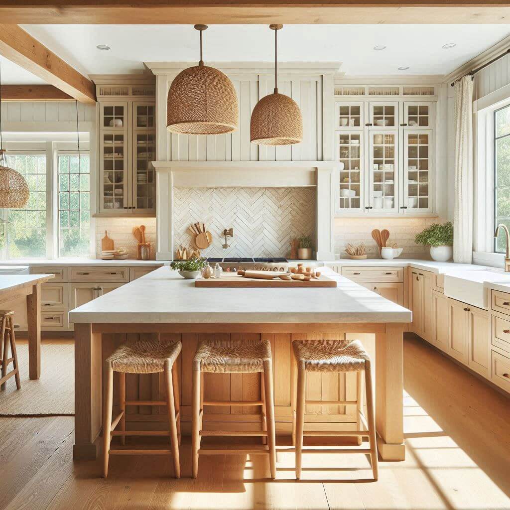 Bright rustic kitchen by Hothi & Co. with neutral-toned wooden cabinets, white quartz countertops, beige herringbone tile backsplash, and a large butcher block island.