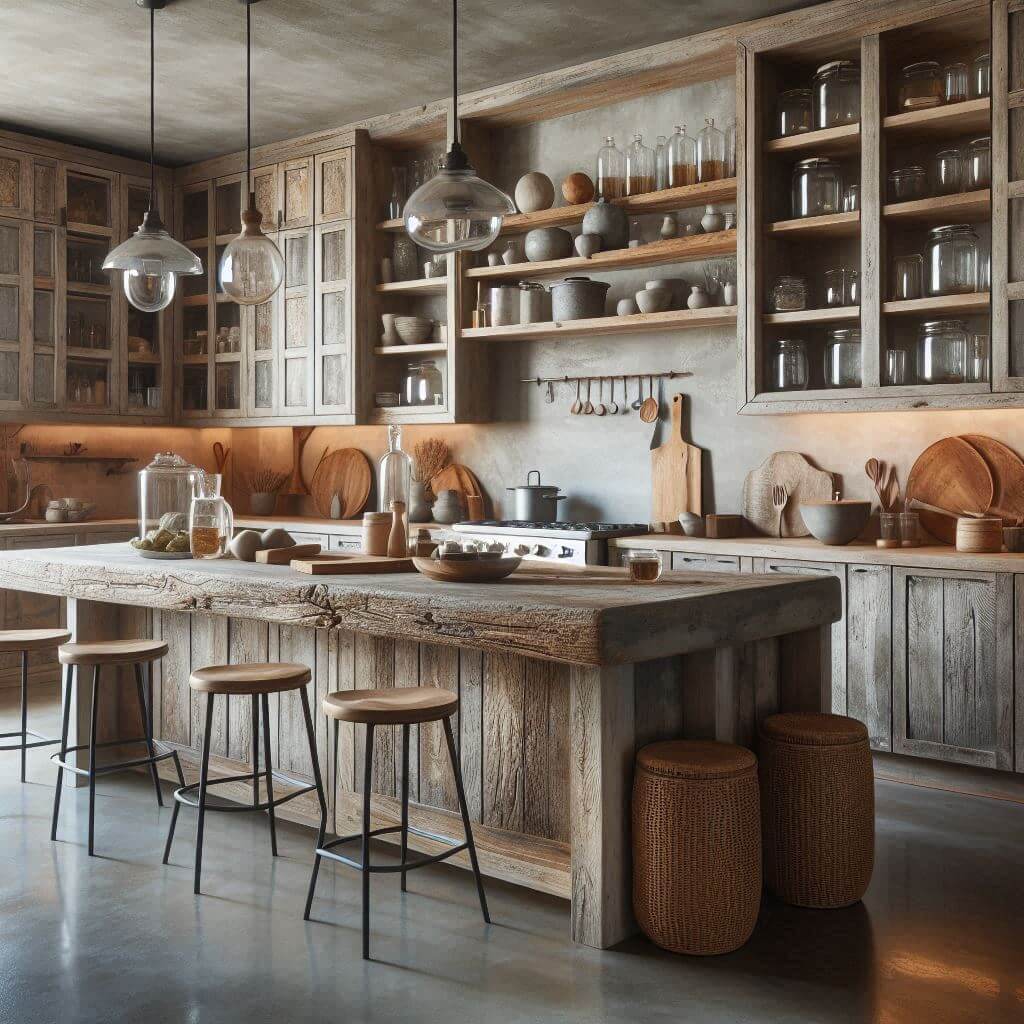 Rustic open-plan kitchen by Hothi & Co. with weathered wood cabinets, concrete countertops, open shelving with glass jars and woven baskets, and a simple plaster backsplash.