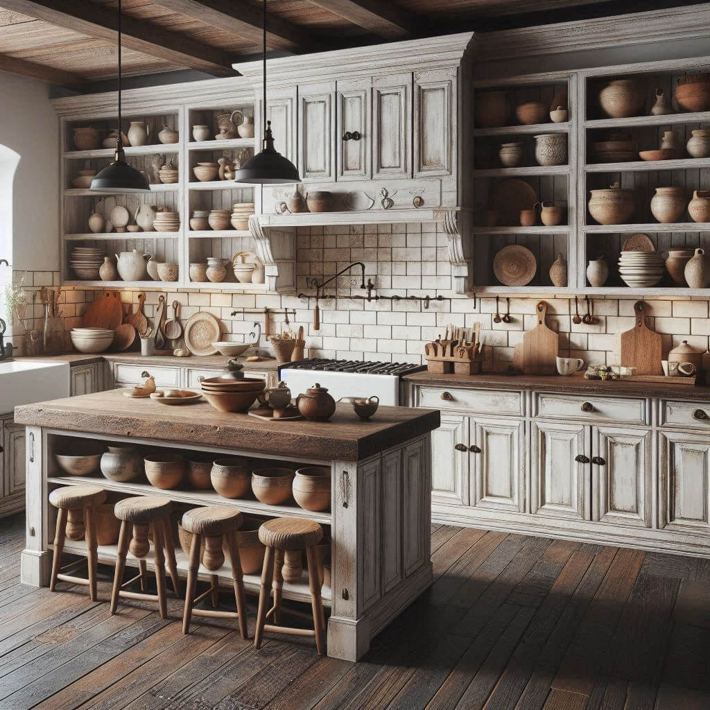 Rustic kitchen by Hothi & Co. with whitewashed wooden cabinets, open shelving displaying clay pots and ceramic dishes, dark wood countertops, and handmade subway tile backsplash.