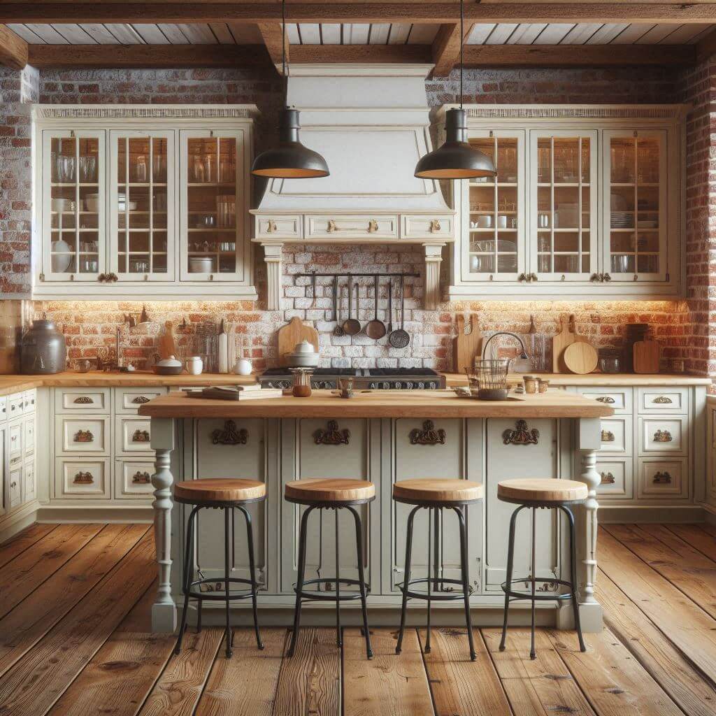 Rustic kitchen by Hothi & Co. with cream-painted cabinets, wooden countertops, vintage bronze handles, exposed red brick backsplash, and a central island.
