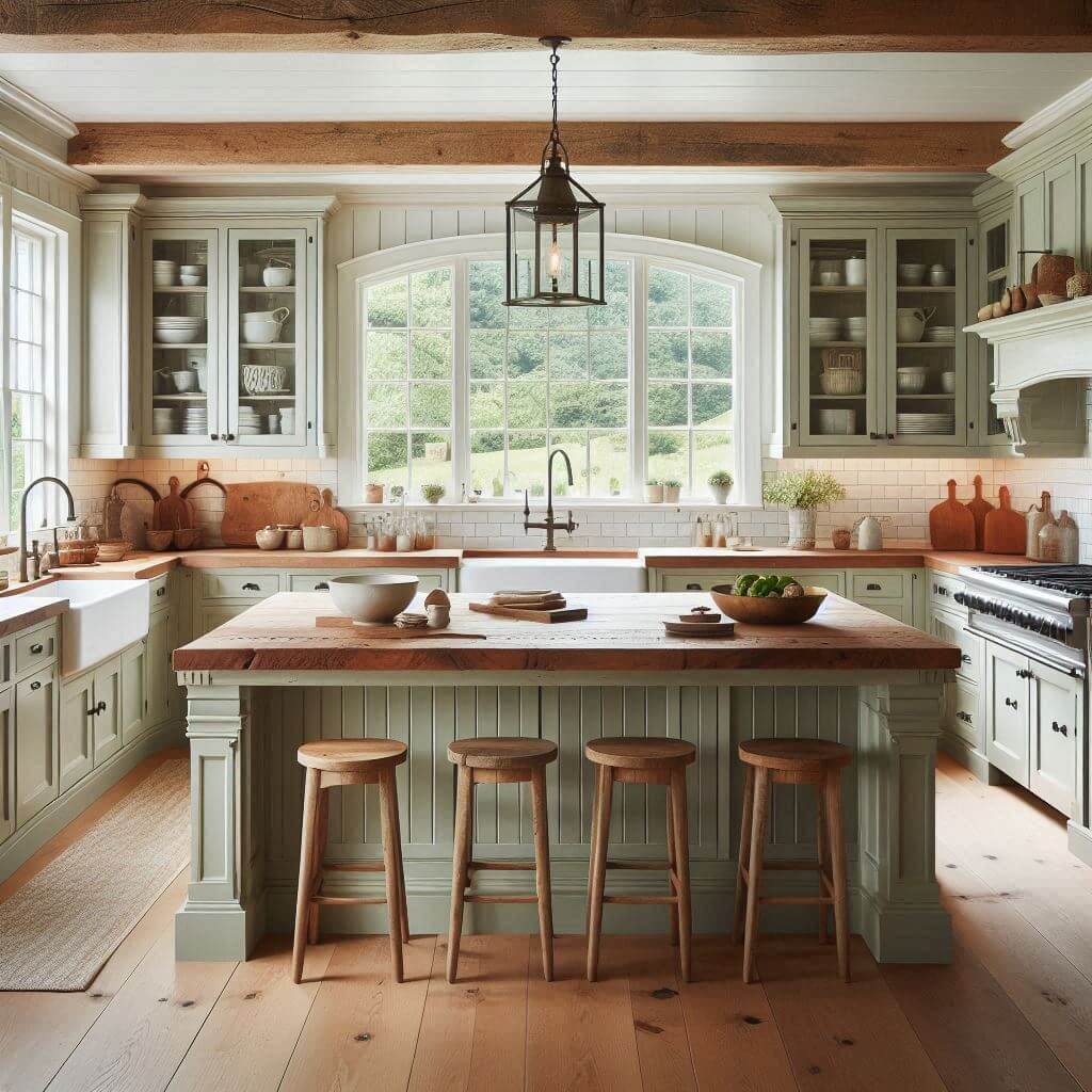 Rustic farmhouse kitchen by Hothi & Co. with sage green shaker cabinets, wooden countertops, textured white tile backsplash, and an apron-front farmhouse sink beneath a window.