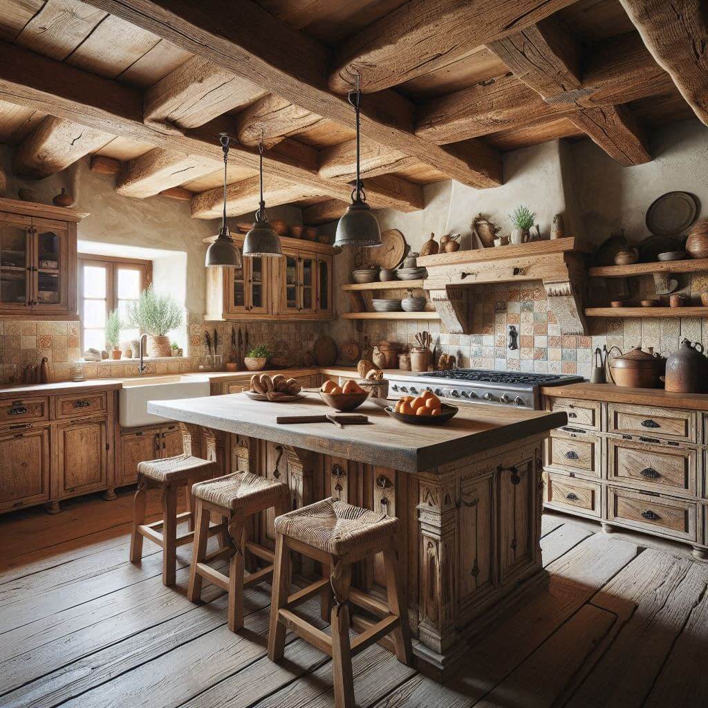 Cozy rustic kitchen by Hothi & Co. with exposed wooden ceiling beams, rough stone walls, reclaimed wood cabinets with iron handles, butcher block countertops, and a stone island.