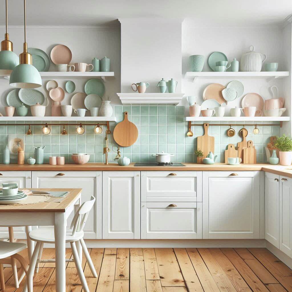 Bright Scandinavian kitchen by Hothi & Co. with white cabinets and countertops, mint green tile backsplash, pastel decor, and open shelving with pastel tableware.