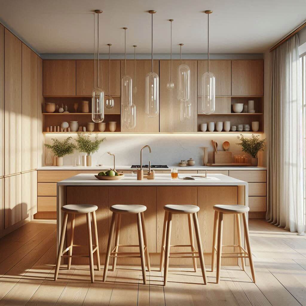 Warm Scandinavian kitchen by Hothi & Co. with smooth light oak cabinets, integrated handles, white quartz countertops, and a matching quartz slab backsplash.
