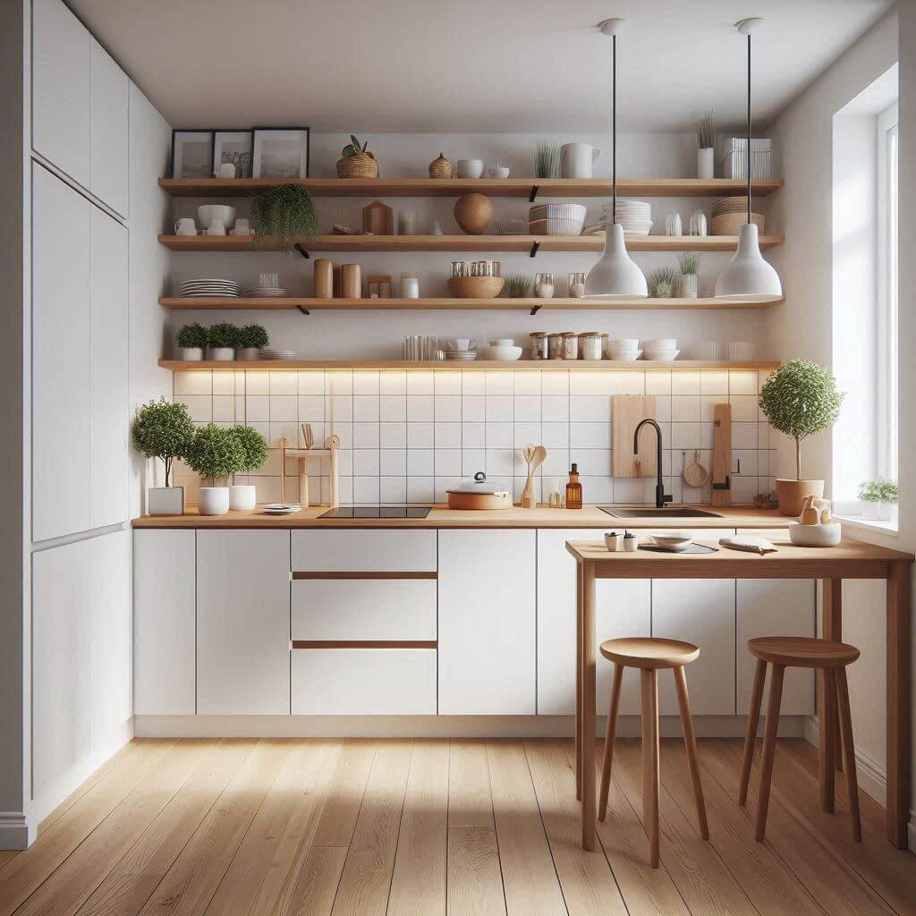 Compact Scandinavian kitchen by Hothi & Co. with sleek white cabinets, wooden countertops, simple white tile backsplash, and open shelving with spices and plants.
