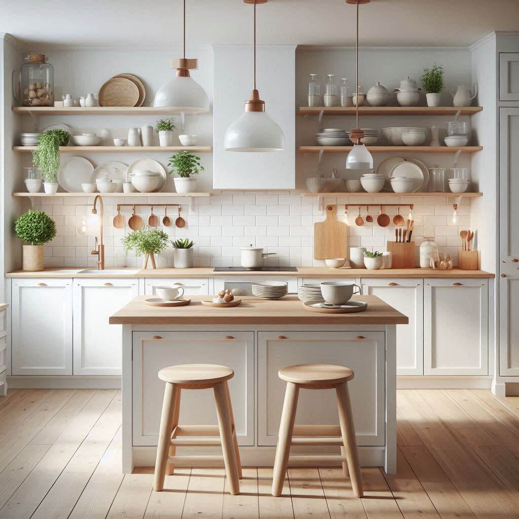 Minimalist Scandinavian kitchen by Hothi & Co. with white flat-panel cabinets, light wood countertops, open shelving with ceramic dishes and plants, and a clean backsplash.