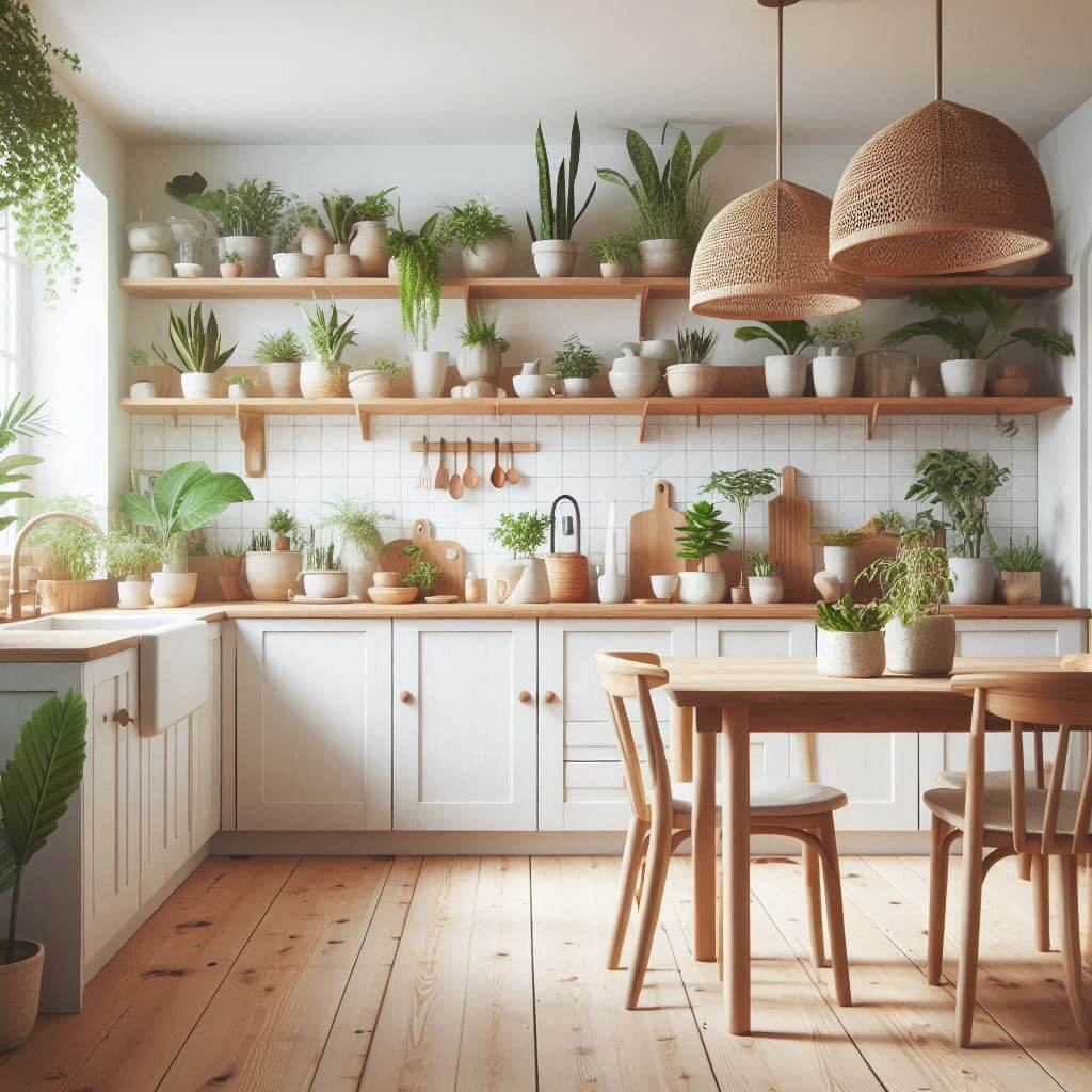 Nature-inspired Scandinavian kitchen by Hothi & Co. with white cabinets, light wood countertops, simple white tile backsplash, and open shelving with indoor plants and ceramic pots.