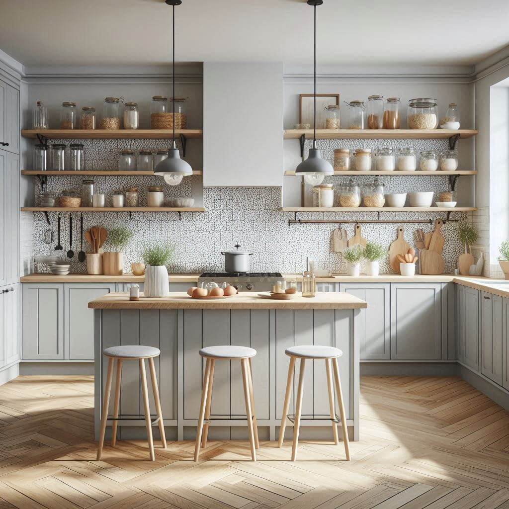 Scandinavian kitchen by Hothi & Co. with soft grey cabinets, wooden countertops, matte white hexagonal tile backsplash, and open shelving with pantry jars.