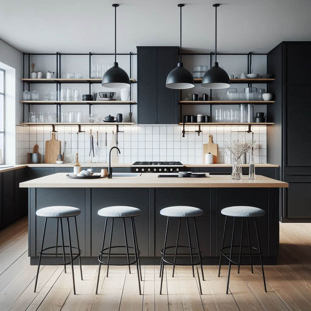 Sleek Scandinavian kitchen by Hothi & Co. with matte black cabinets, white quartz countertops, plain white tile backsplash, and a wood-topped central island.