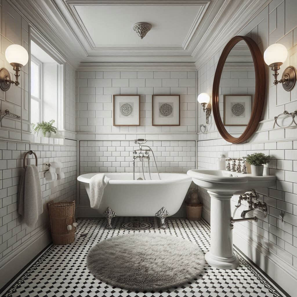 Classic bathroom interior by Hothi & Co. featuring white subway tile walls, black-and-white hexagonal floor tiles, and a vintage clawfoot bathtub with brushed nickel fixtures beneath a window.