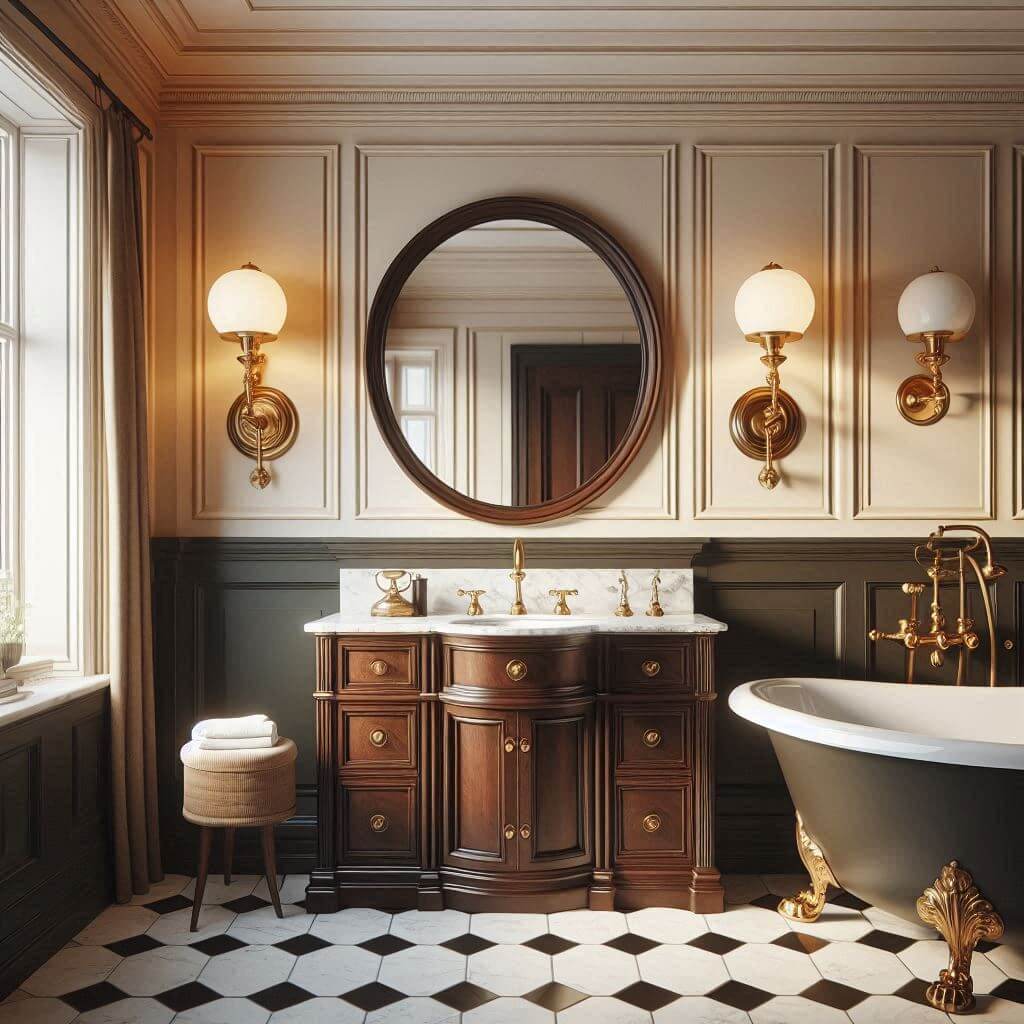 Warm classic bathroom by Hothi & Co. featuring dark wooden cabinetry, brass fixtures, a marble-topped vanity, brass-framed oval mirror, and black-and-white tiled flooring.