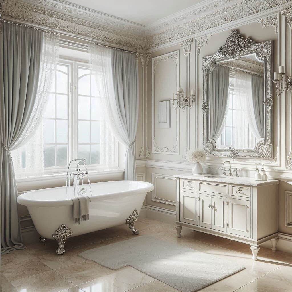 Classic neutral-toned bathroom by Hothi & Co. featuring soft beige marble floor tiles, white wainscoting, and pale cream walls with elegant architectural detailing.