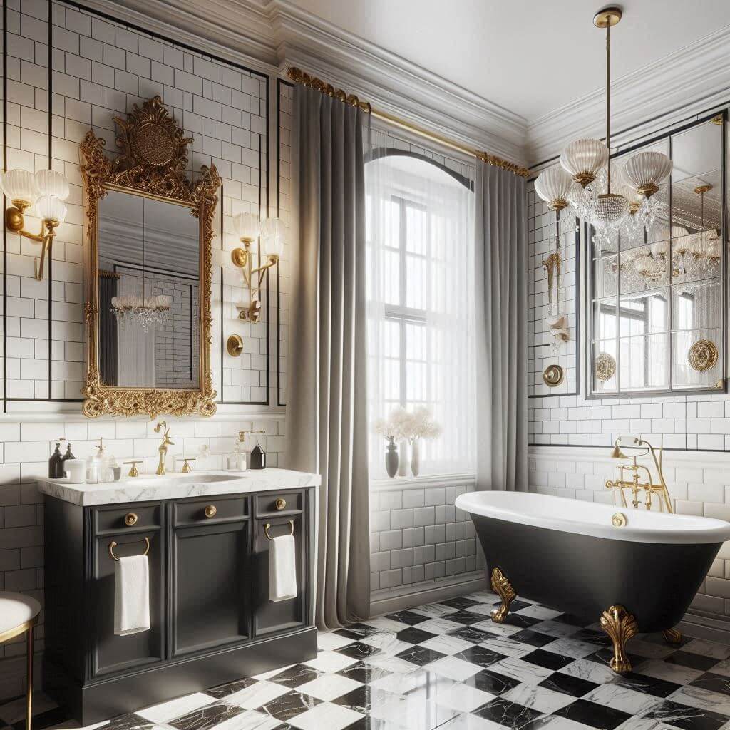 Classic black-and-white bathroom by Hothi & Co. featuring a marble checkered floor, white subway tile walls, a black vanity with marble countertop, and a large gold-framed mirror.