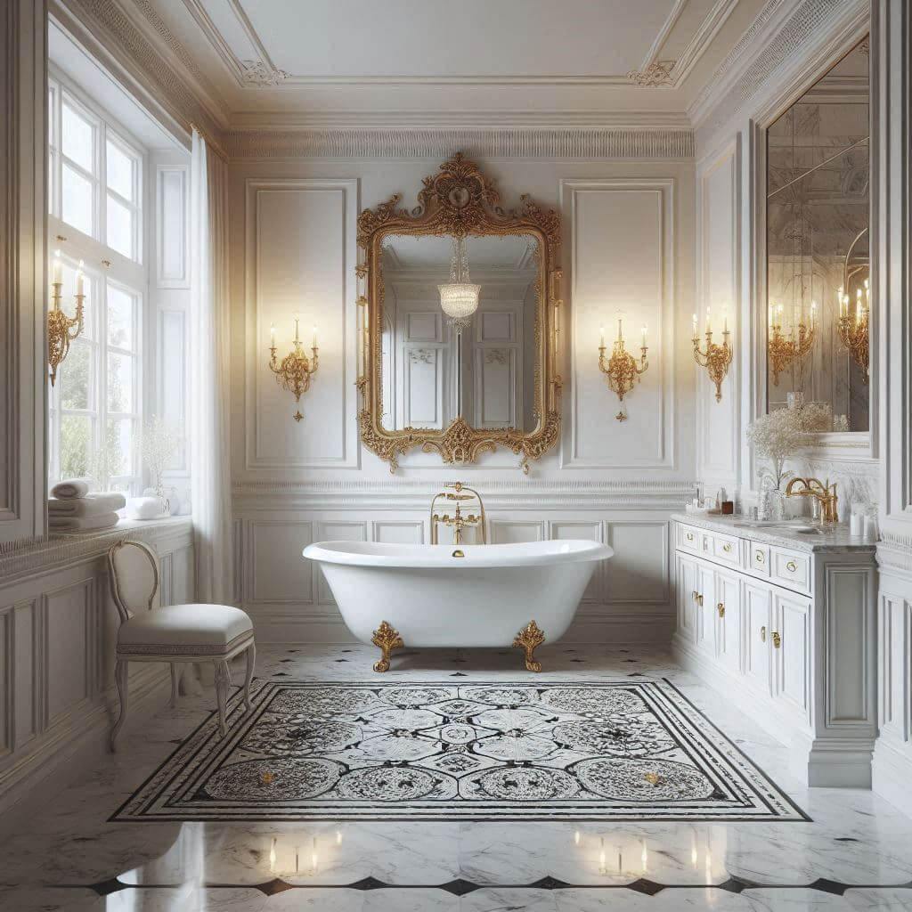 Grand classic bathroom by Hothi & Co. featuring white wall paneling, a deep vintage freestanding tub, and marble flooring with intricate black-and-white mosaic inlays.