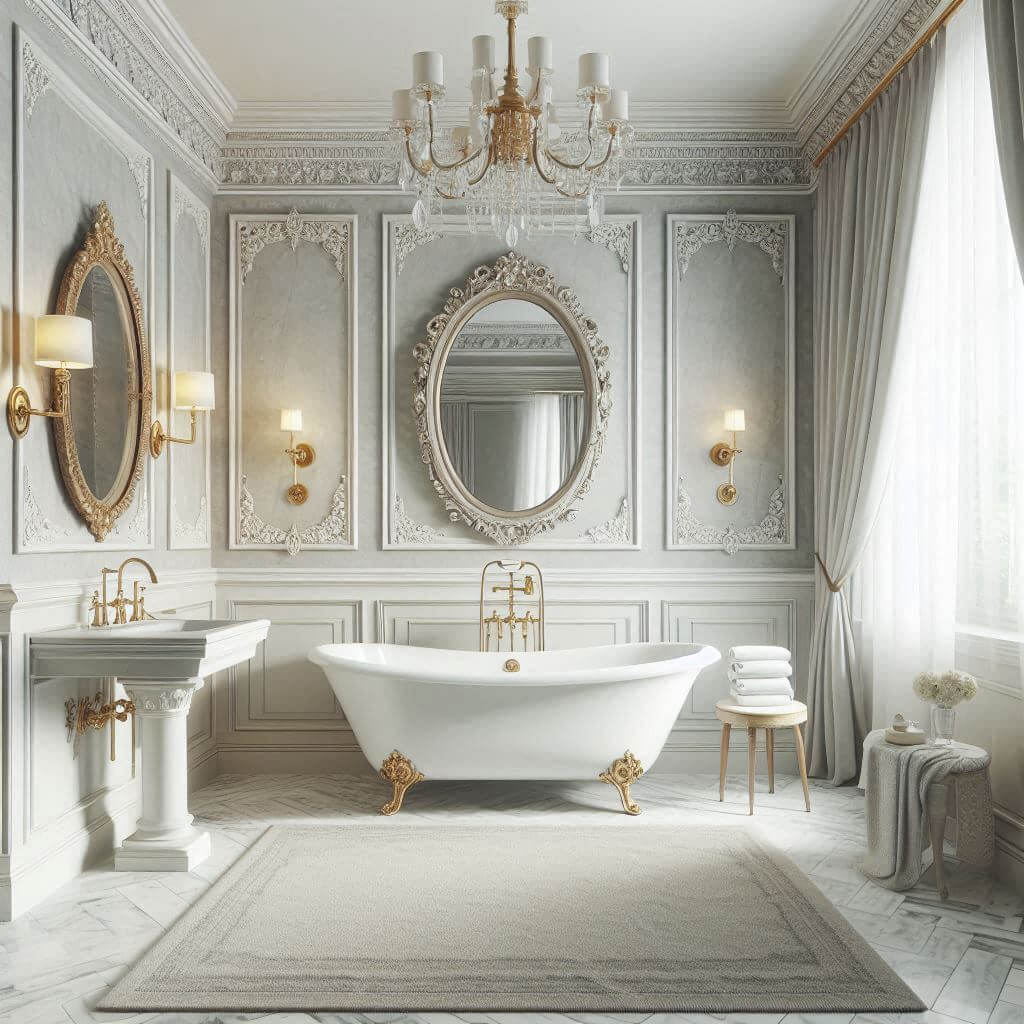 Luxurious classic bathroom by Hothi & Co. featuring white marble floors and walls with soft grey veining, a vintage white clawfoot bathtub with gold accents, and elegant traditional fixtures.