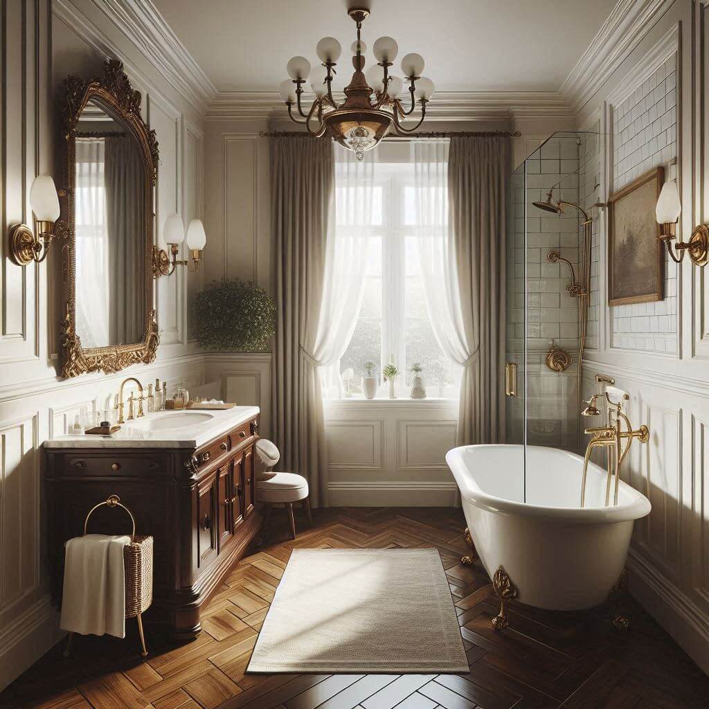 Timeless classic bathroom by Hothi & Co. featuring herringbone wood floors, white wainscoting walls, a dark wood vanity with marble countertop, and an antique brass framed mirror.