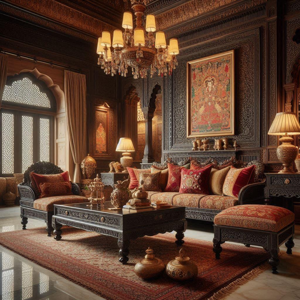 Classic Indian living room by Hothi & Co. featuring intricately carved dark wood furniture with traditional motifs and silk cushions in rich red and gold tones.
