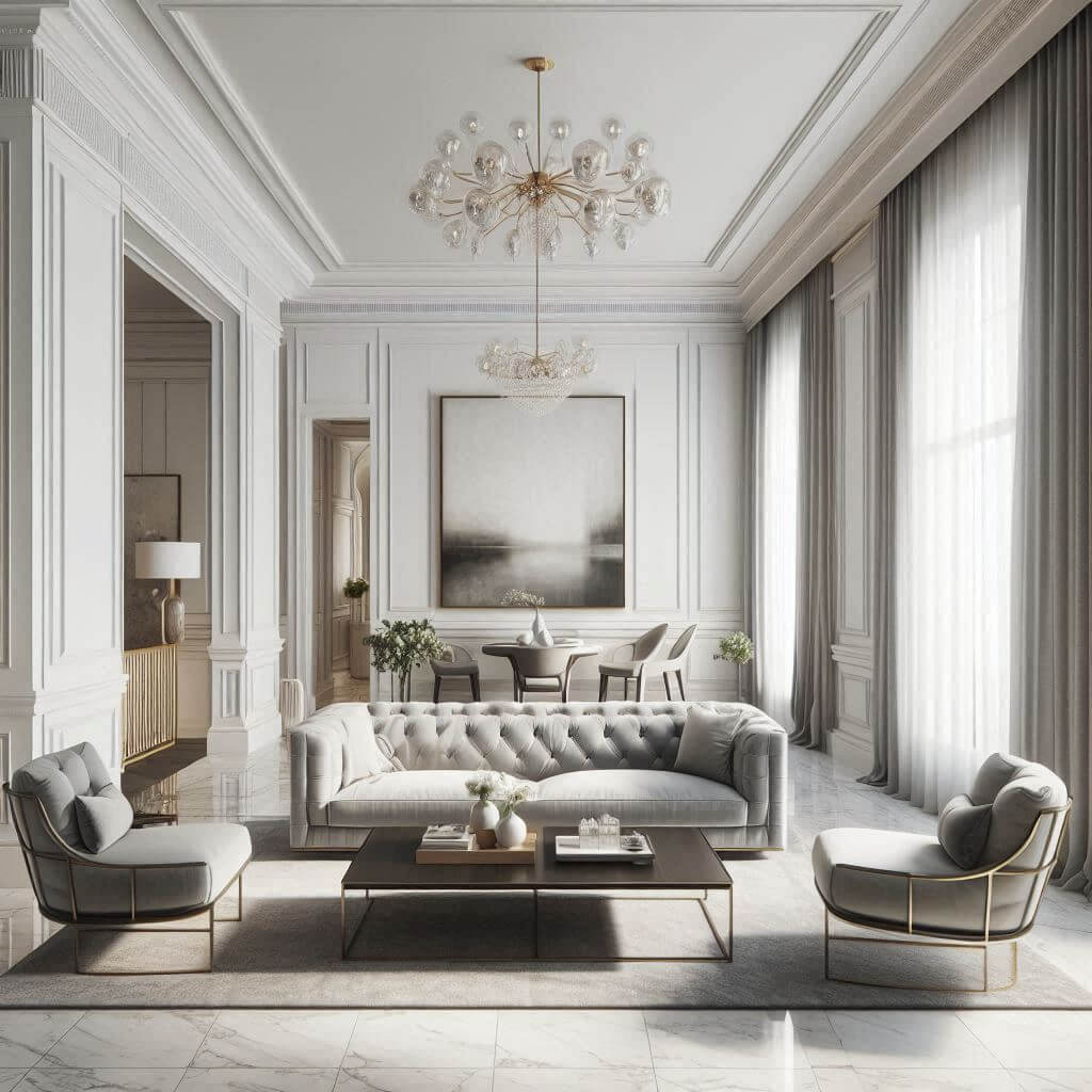Modern classic open-concept living area by Hothi & Co. featuring white walls with wainscoting, large windows with sheer curtains, and a refined traditional-meets-modern aesthetic.