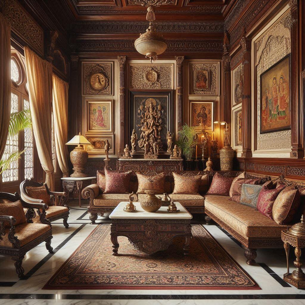 Classic heritage-style Indian living room by Hothi & Co. featuring marble flooring, rich carved wooden furniture, and silk-upholstered sofa set.