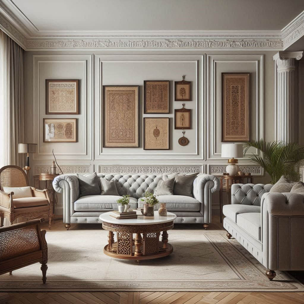 Fusion-style classic living room by Hothi & Co. featuring light walls with white crown molding, intricate wooden wall panels, and a blend of contemporary and traditional furniture.