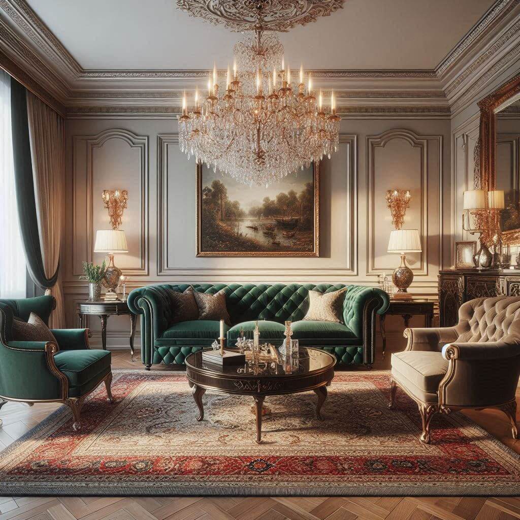 Luxurious classic living room by Hothi & Co. featuring soft beige walls, dark wood flooring, and an emerald green velvet Chesterfield sofa with elegant wingback chairs.