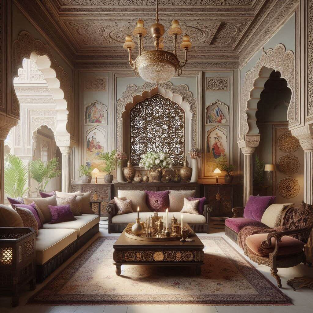 Mughal-inspired living area by Hothi & Co. featuring elegant arches, intricate jaali lattice windows, pastel walls, and dark wood traditional furniture.
