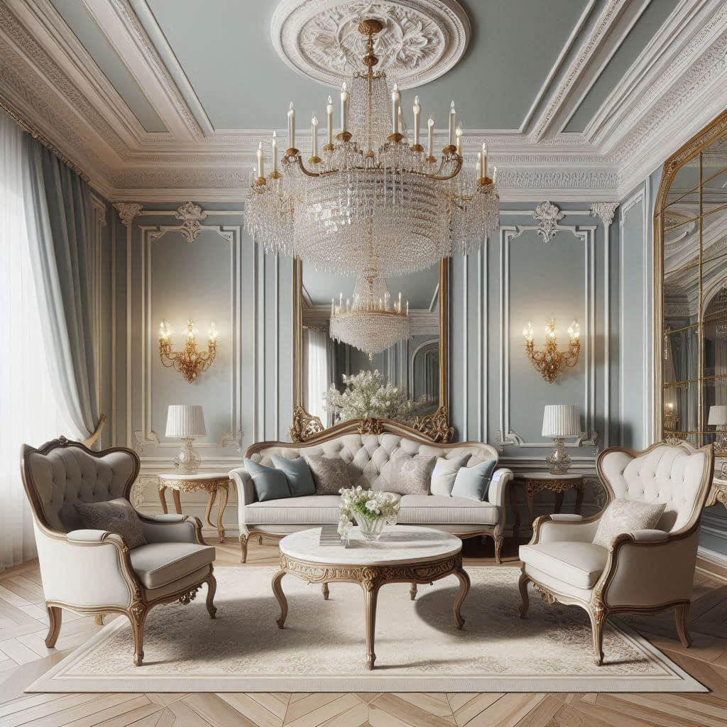 French classical-inspired living area by Hothi & Co. featuring high ceilings, pale blue walls, intricate white molding, and Louis XVI-style armchairs.